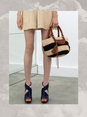 BALENCIAGA Panier Raffia Bag Striped City Small Black Cognac Market